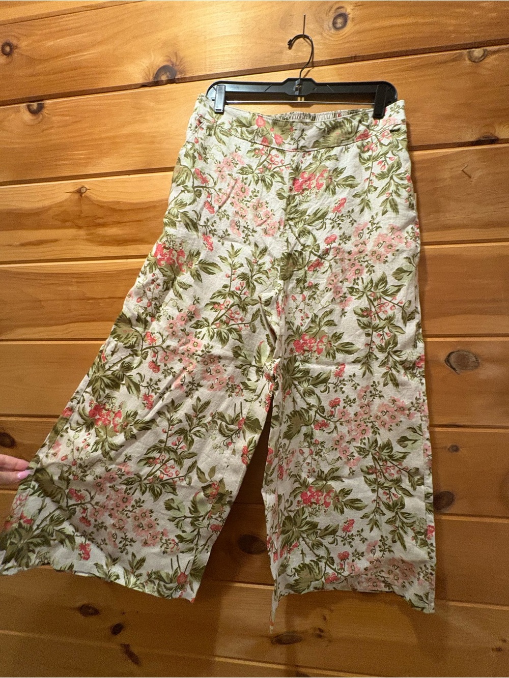 Laura Ashley 100% Linen Wide-Leg Berry & Floral Pants with Pink & Green Print Lg